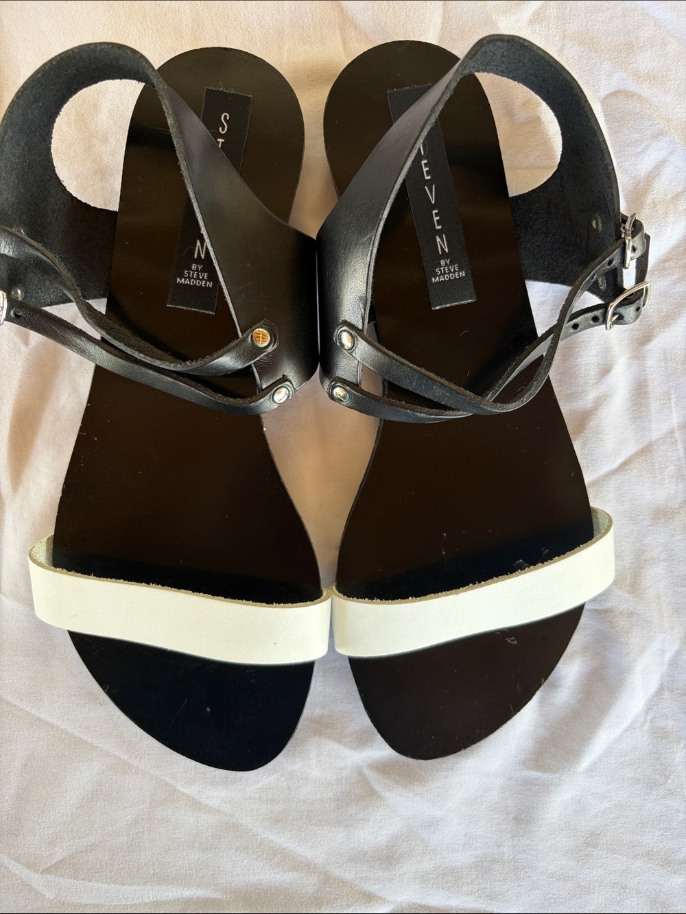 Steve Madden Black and White Leather Ankle-Strap Sandals